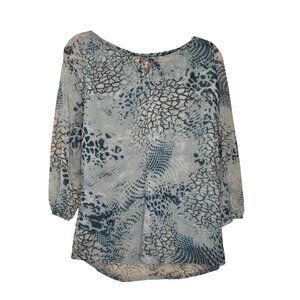 Maheb Women's Blue Patterned Sheer Blouse LG Lined Bodice 3/4 Sleeves